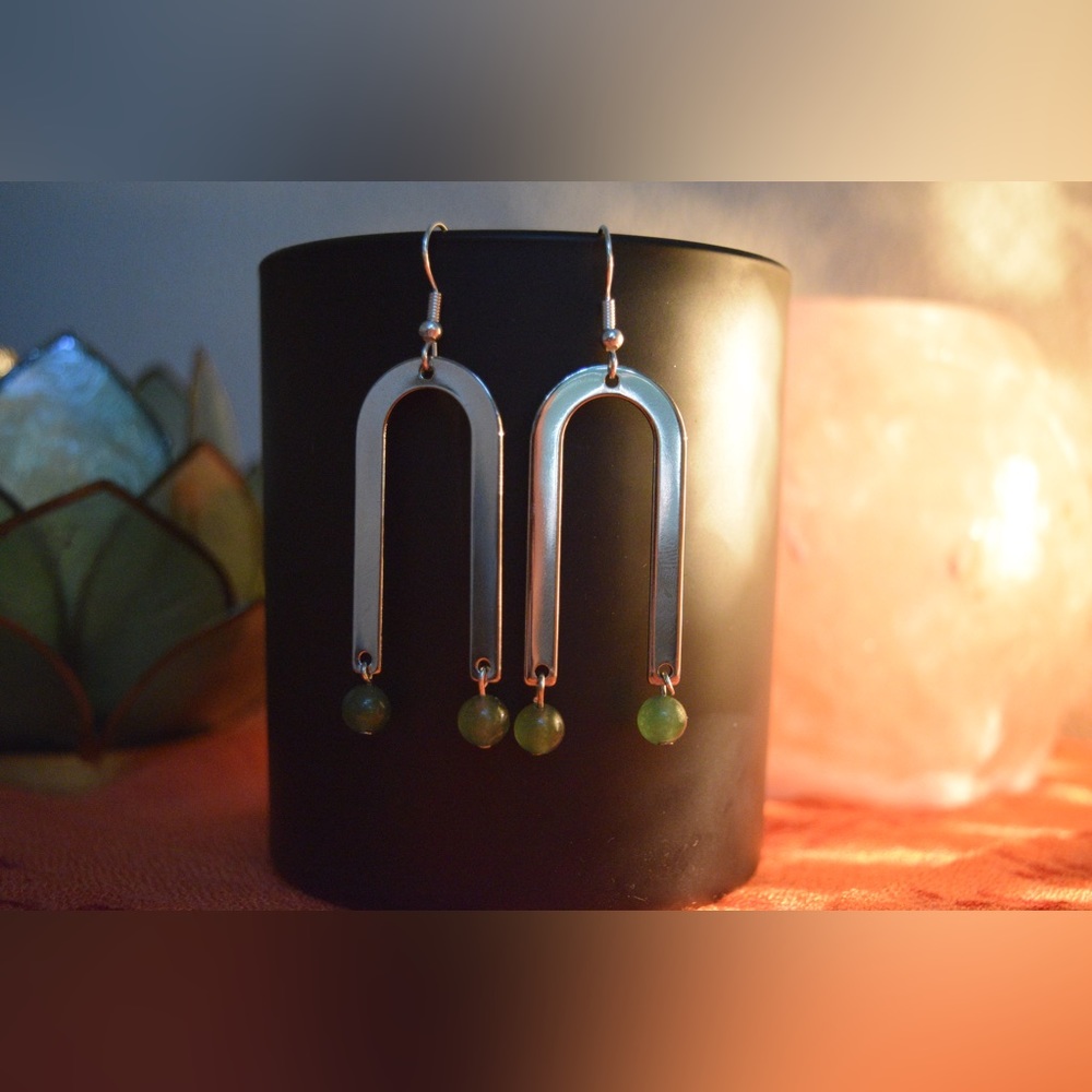Handmade Green Aventurine Arch Earrings - All NATURAL Gemstones - Nickel Free